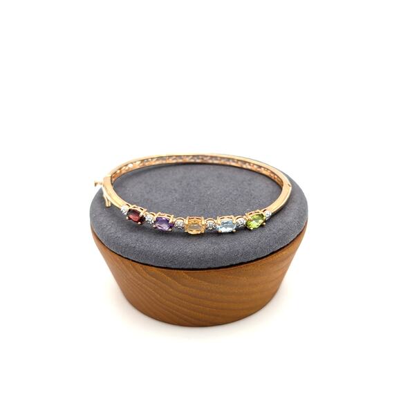 Multi Semi-Precious Gemstone Gold Tone Oval Bangle Bracelet - Picture 6 of 6